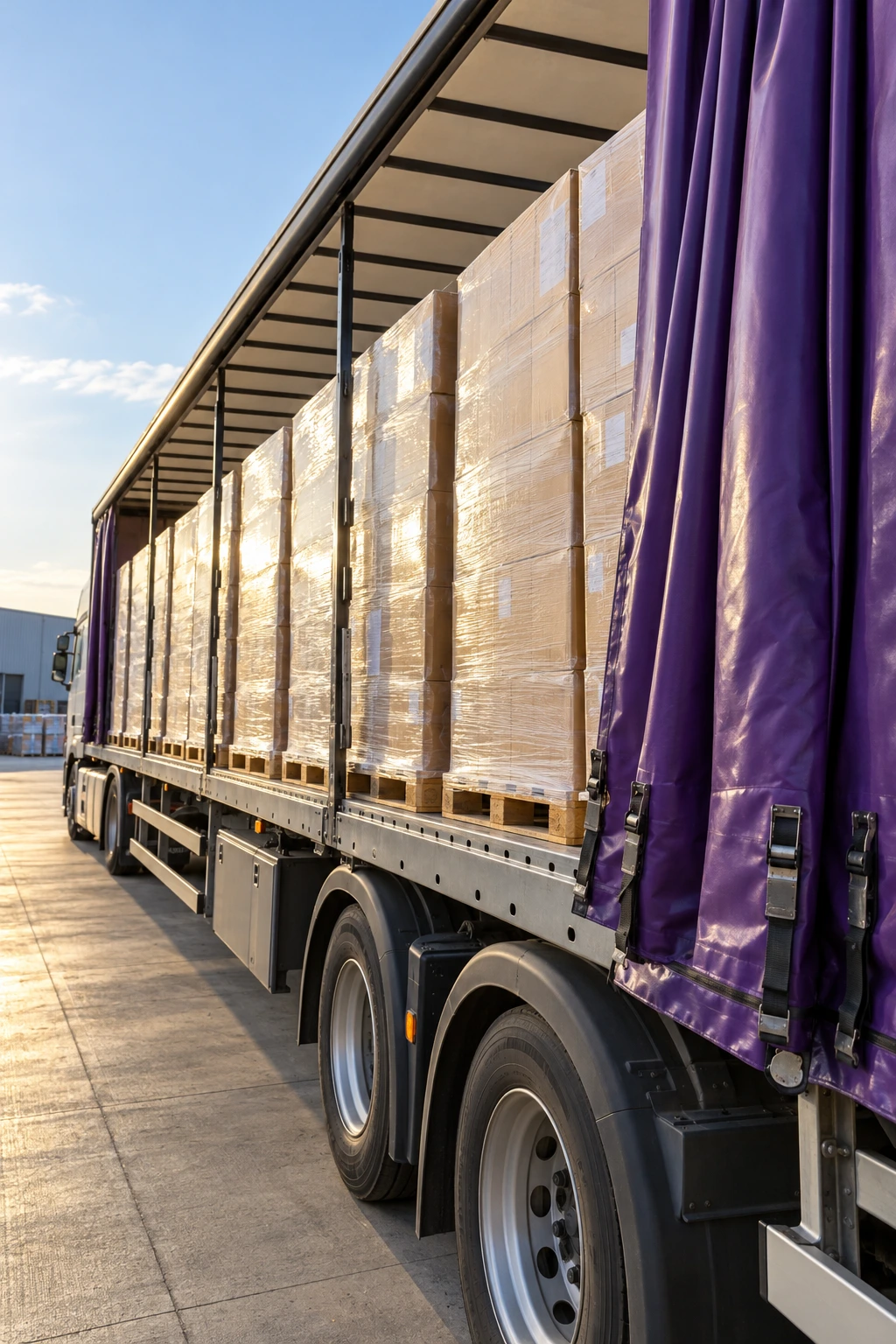 Remolque de cortina morada abierto con carga embalada sobre pallets