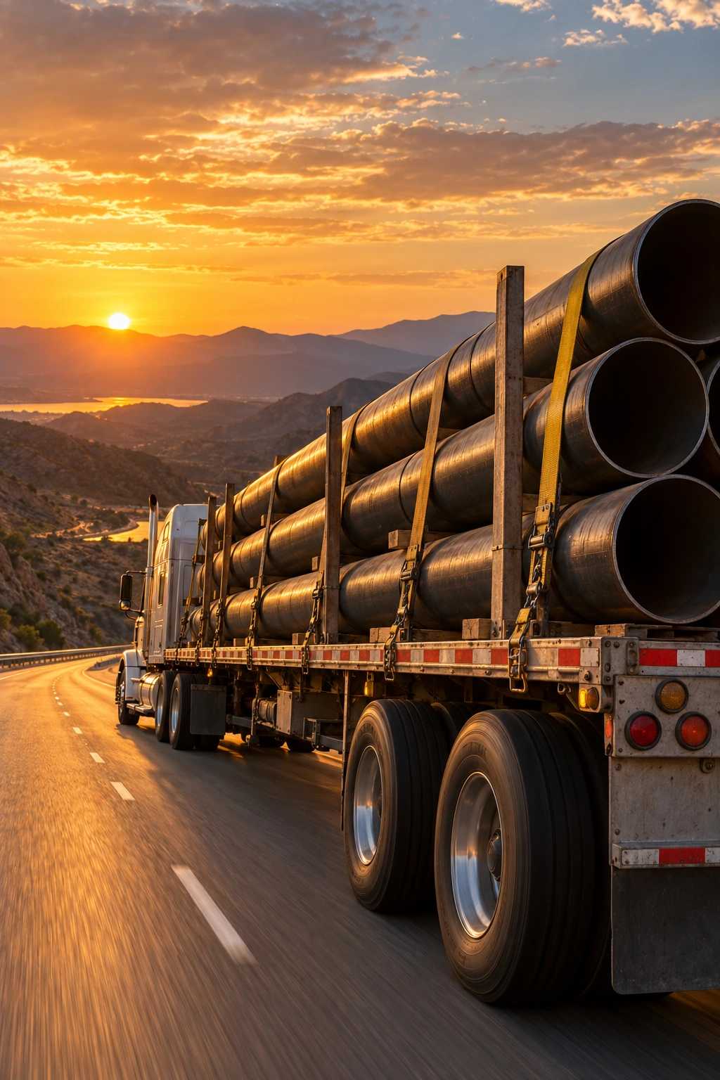 Plataforma con tubería de acero sujeta con cintas de amarre, en carretera al atardecer